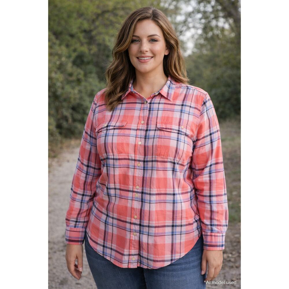 St Johns Bay Orange Plaid Button Down Shirt Casual Cotton Layering Large